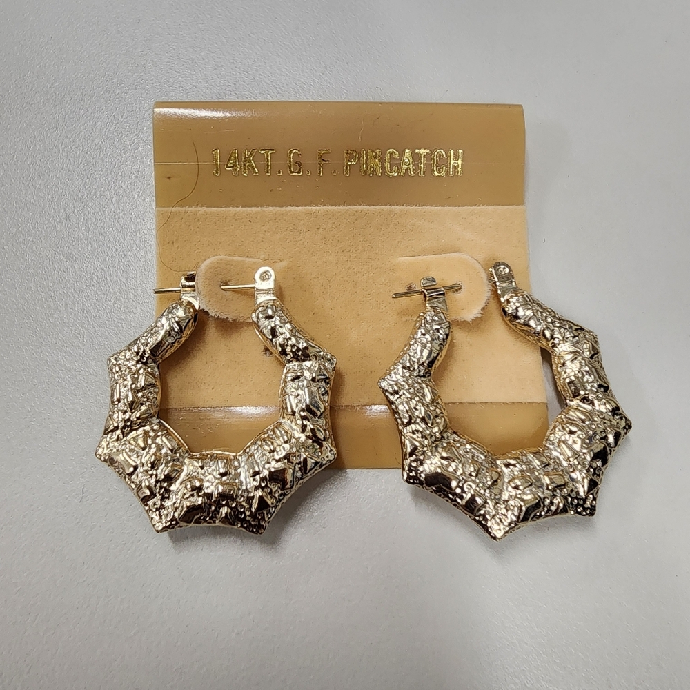 Vintage 14K Gold Filled Pincatch Hoop Earrings Textured Geometric Bamboo Hollow